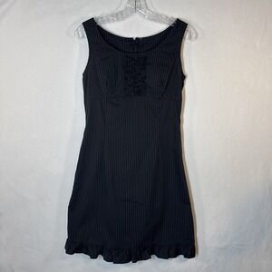 Sleeveless Black Pinstripe Dress with Ruffle Detail – Modern Professional Core